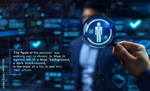 Wallpaper Mural The businessman uses a magnifying glass to show people on a virtual screen an icon with a check mark, holding the human icon, talent selection, HR, personnel recruitment Torontodigital.ca