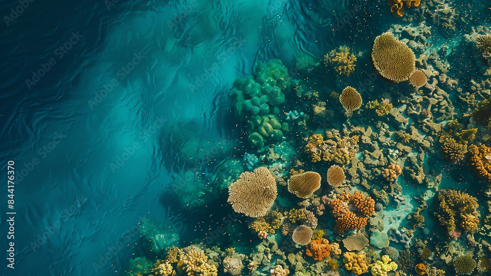Fototapeta premium Aerial View of Vibrant Coral Reef in Crystal Clear Blue Ocean Waters
