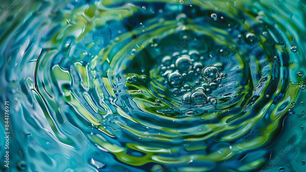Close-up of water ripples with vibrant green and blue reflections and bubbles Close-up of water ripples with vibrant green and blue reflections and bubbles