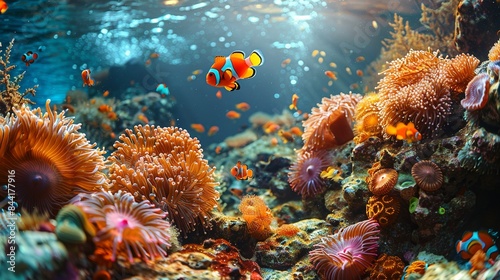 An underwater kingdom with a coral reef brimming with life, including anemones, clownfish, and a variety of sponges and sea fans, bathed in sunlight. Dramatic Photo Style, © DARIKA