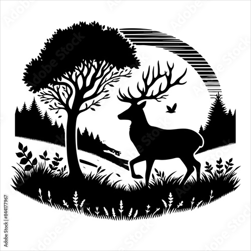 Silhouette of deer - vector illustration. Graphic black silhouettes of wild deers – male, female, and roe deer