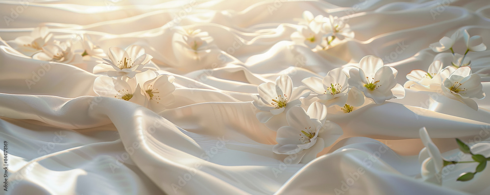 Elegant white flowers scattered on luxurious, soft silk fabric, illuminated by gentle sunlight. Perfect for backgrounds or romantic themes. Elegant white flowers scattered on luxurious, soft silk fabric, illuminated by gentle sunlight. Perfect for backgrounds or romantic themes.