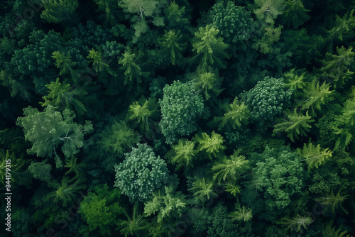 Aerial view of a landscape of a lush forest as seen from a drone, showcasing an extensive area of thriving forest life, ideal for wallpapers that convey the calm