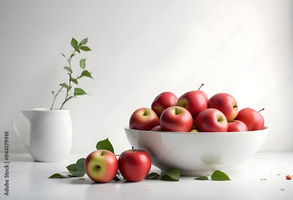 Red apples in a white bowl with green leaves , some apples scattered in the foreground on a light background Red apples in a white bowl with green leaves , some apples scattered in the foreground on a light background