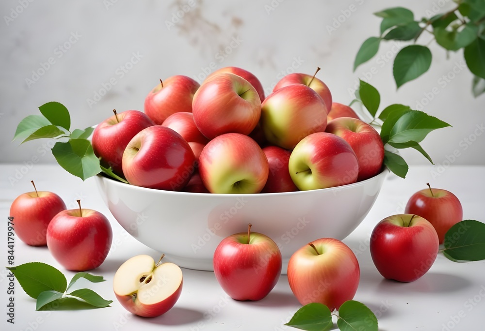 Red apples in a white bowl with green leaves , some apples scattered in the foreground on a light background
