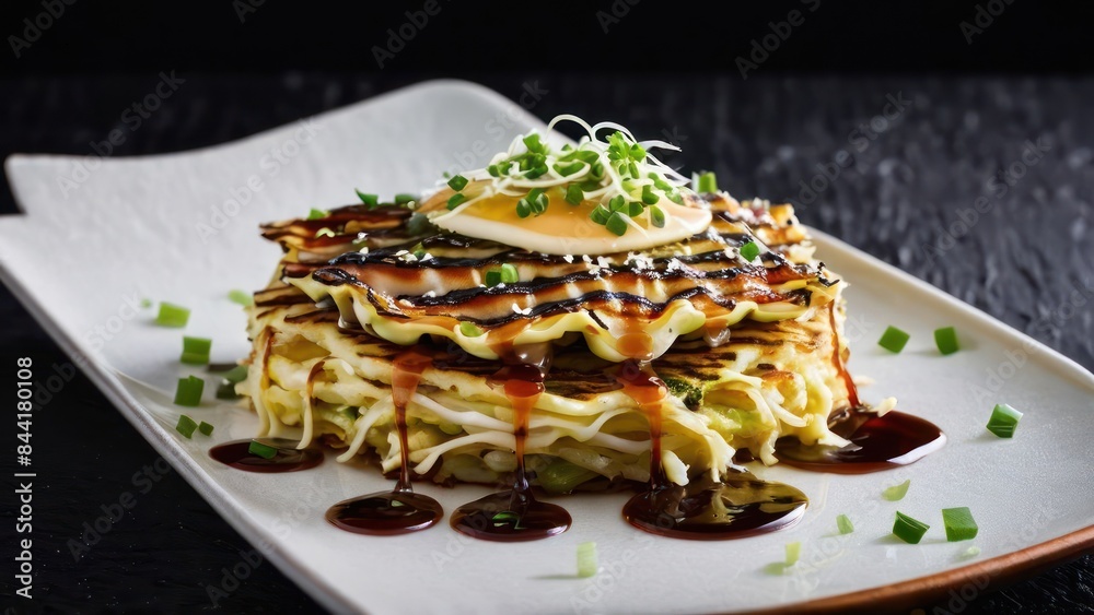 Elegant Minimalism in Culinary Art, Meat and Cheese Platter with Rich Sauce, Accompanied by Side Dish, Garnished with Chives and Pepper Elegant Minimalism in Culinary Art, Meat and Cheese Platter with Rich Sauce, Accompanied by Side Dish, Garnished with Chives and Pepper