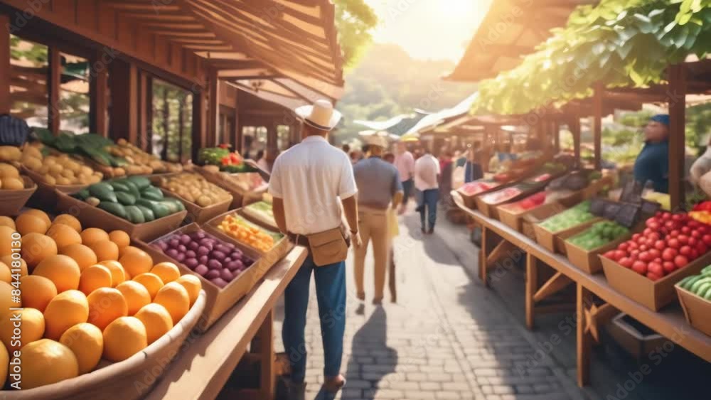 A bustling farmer's market filled with fresh fruits and vegetables ...
