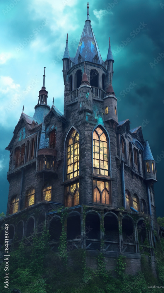 a dark gothic castle in the cloudy sky