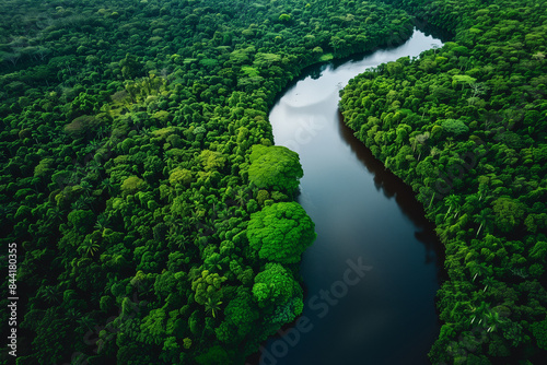 Aerial view of a landscape of a river flowing through a dense jungle taken from a drone  presenting an intricate network of waterways and vibrant forest