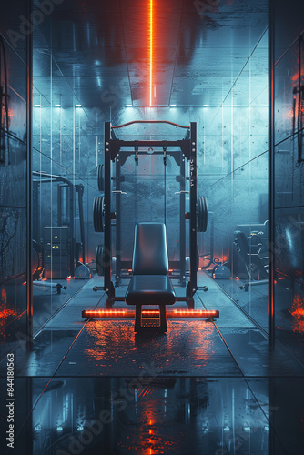High-Tech Gym with Neon Red and Blue Lighting and Advanced Fitness Equipment for Strength Training
 photo