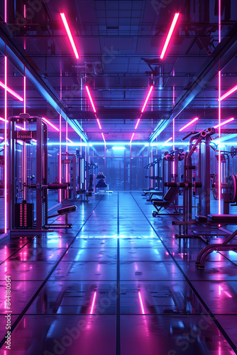 Modern Futuristic Gym with Neon Lighting and Advanced Fitness Equipment in Sleek Interior
 photo