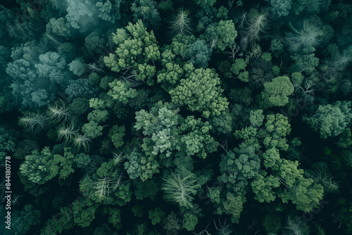 Aerial view of a landscape of a lush forest provided by a drone, revealing a canopy of thick green trees and unspoiled wilderness, suitable for nature wallpapers