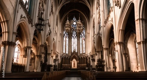 gothic church cathedral interior on blue sky with clouds front view