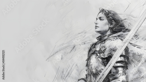 pencil sketch of Joan of Arc (1412–1431) - French heroine and saint who led French forces to victory during the Hundred Years' War.