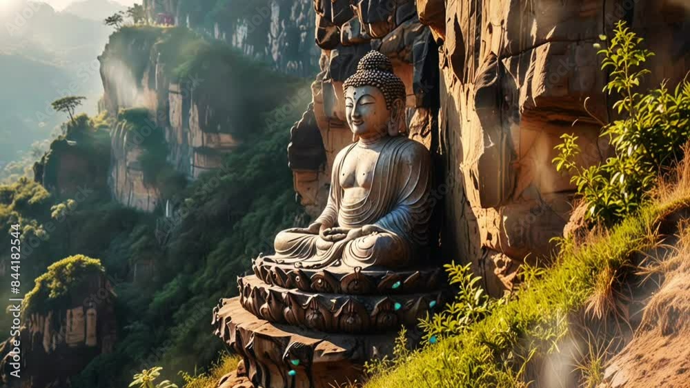 Buddha statue under the cliff in the morning, smooth looping video animation