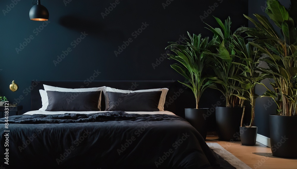 a bedroom with a large window and a bed with a black comforter and pillows and a potted plant a bedroom with a large window and a bed with a black comforter and pillows and a potted plant