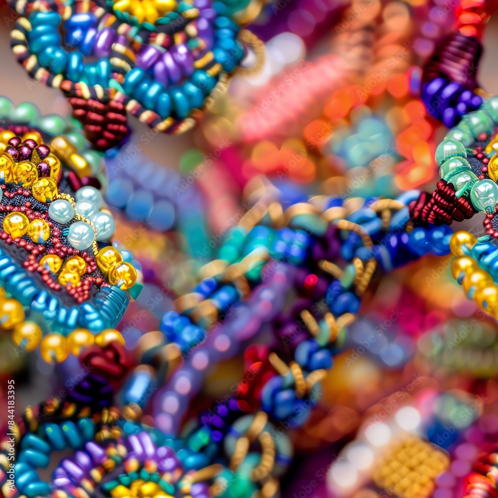 Close-up of intricate handmade beadwork jewelry, showcasing the precise alignment of colorful beads in an elegant necklace design Close-up of intricate handmade beadwork jewelry, showcasing the precise alignment of colorful beads in an elegant necklace design