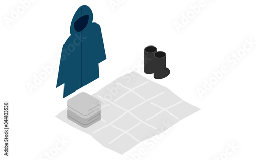 Eemergency kit of Rain gear (raincoat and boots), towel and sheet, simple isometric illustration
