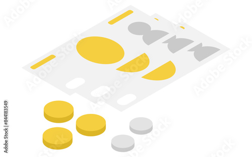 Eemergency kit of cash(banknotes and coins), simple isometric illustration