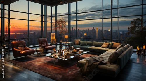 a modern penthouse situated in the central area of New York City. The living room exudes luxury  photo