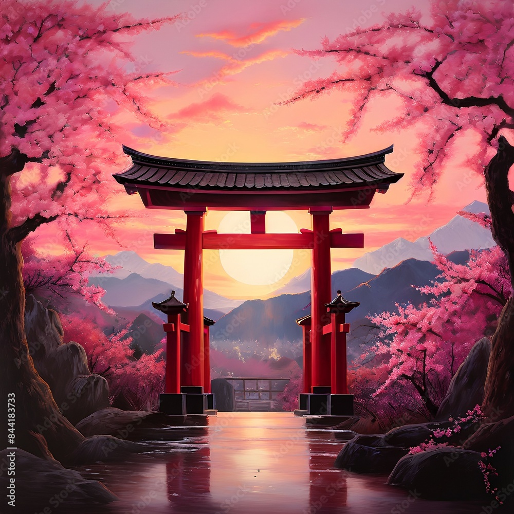 Naklejka premium Red Japanese torii gate with clusters of pink cherry blossoms with a beautiful sunrise and mountain range in the background.