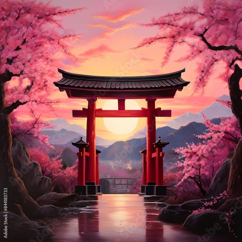 Red Japanese torii gate with clusters of pink cherry blossoms with a beautiful sunrise and mountain range in the background.