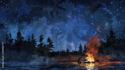 Magical watercolor illustration of a backpacker camping under the stars in the wilderness, with a crackling campfire beside them.