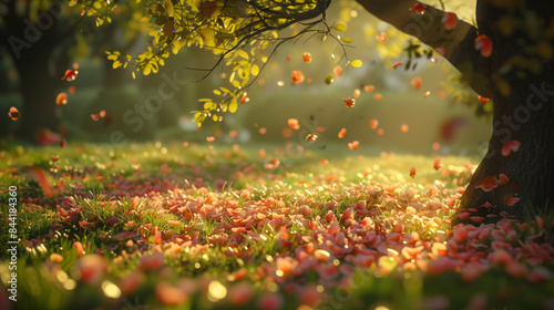 leaves fall from a tree in a field of flowers