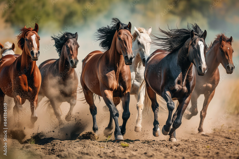 A group of horses running in a field. 