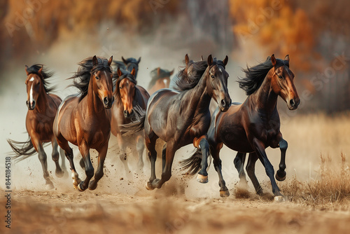 A group of horses running in a field. 