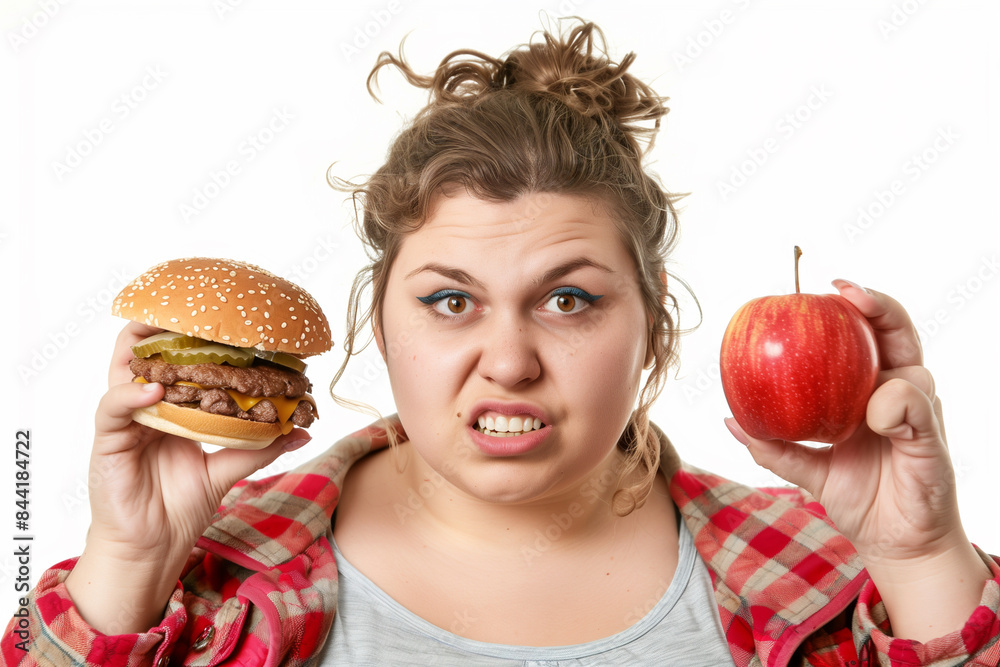 A woman holding a hamburger and an apple. She looks unhappy and is making a face A woman holding a hamburger and an apple. She looks unhappy and is making a face