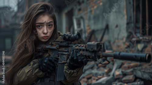 A beautiful girl or woman in military uniform holding a machine gun.