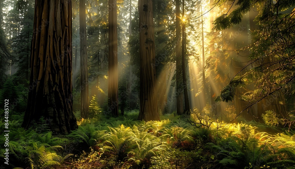 Obraz premium Sun shining through the forest with sequoia trees