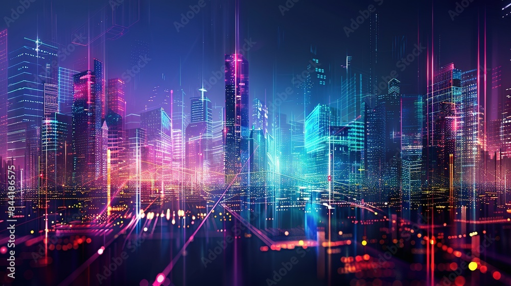 Abstract digital cityscape with skyscrapers and neon lights. A Vision of Urban Futurism Where Skyscrapers Pierce the Night Sky Bathed in Radiant Glow Abstract digital cityscape with skyscrapers and neon lights. A Vision of Urban Futurism Where Skyscrapers Pierce the Night Sky Bathed in Radiant Glow