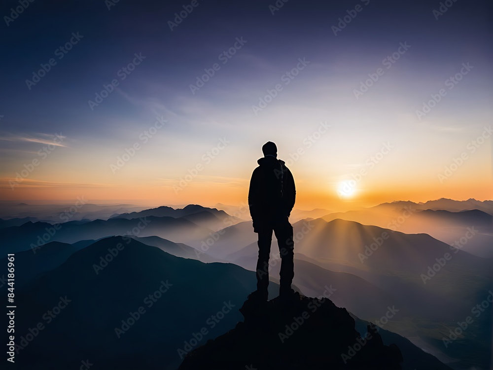 Silhouette of a man on top of a mountain peak. Silhouette of a man on top of a mountain peak.