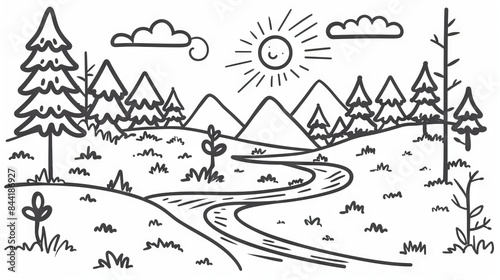 Simple line art of a hiking trail winding through a forest, representing outdoor exploration.