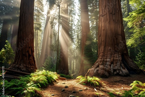 Sun shining through the forest with sequoia trees