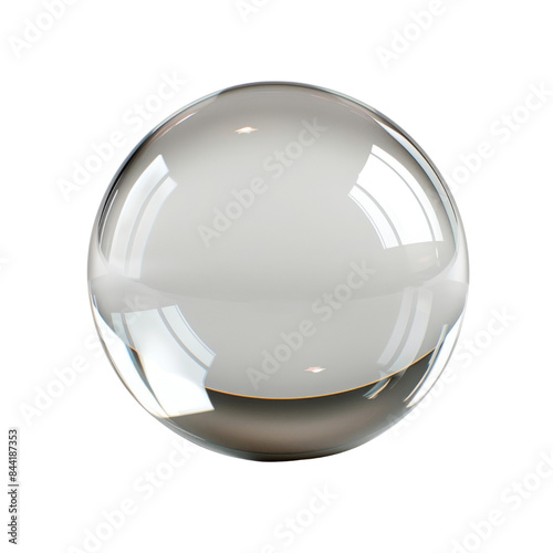A reflective glass sphere with clear transparency and sharp light reflections on a transparent background.