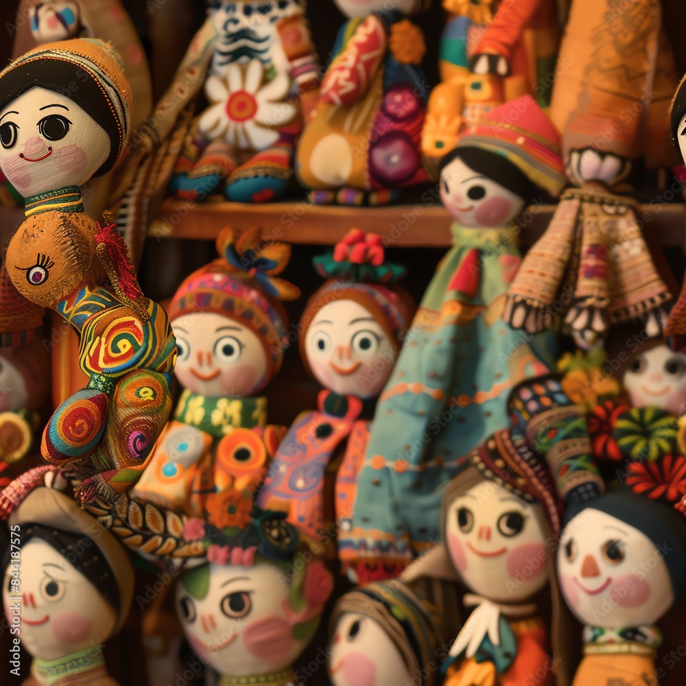 Fototapeta premium An artistic arrangement of charming folk dolls, each with distinct facial expressions and costumes, showcased under warm ambient lighting to create a welcoming atmosphere