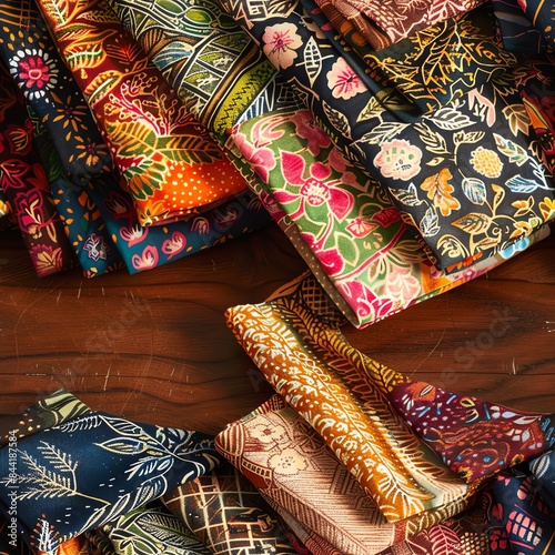 An assortment of unique batik fabrics neatly arranged on a wooden table, each piece demonstrating a different pattern and color scheme under natural light