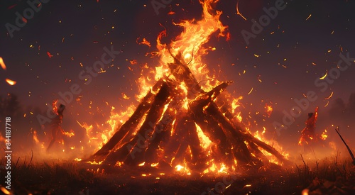 Performance Landscape. Large fire burning brightly surrounded by fire dancers performing, creating a lively atmosphere. Realistic and vibrant performance atmosphere. photo