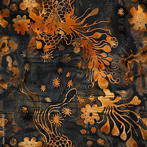 A detailed shot of a unique batik fabric with an exceptional dye pattern, presented on a flat surface to highlight the craftsmanship and artistry photo