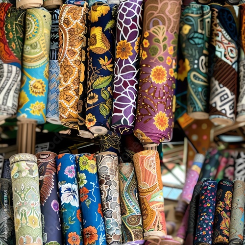 A dynamic scene of various unique batik fabrics in a market setting, each roll standing out with its own pattern and color, appealing to a diverse audience