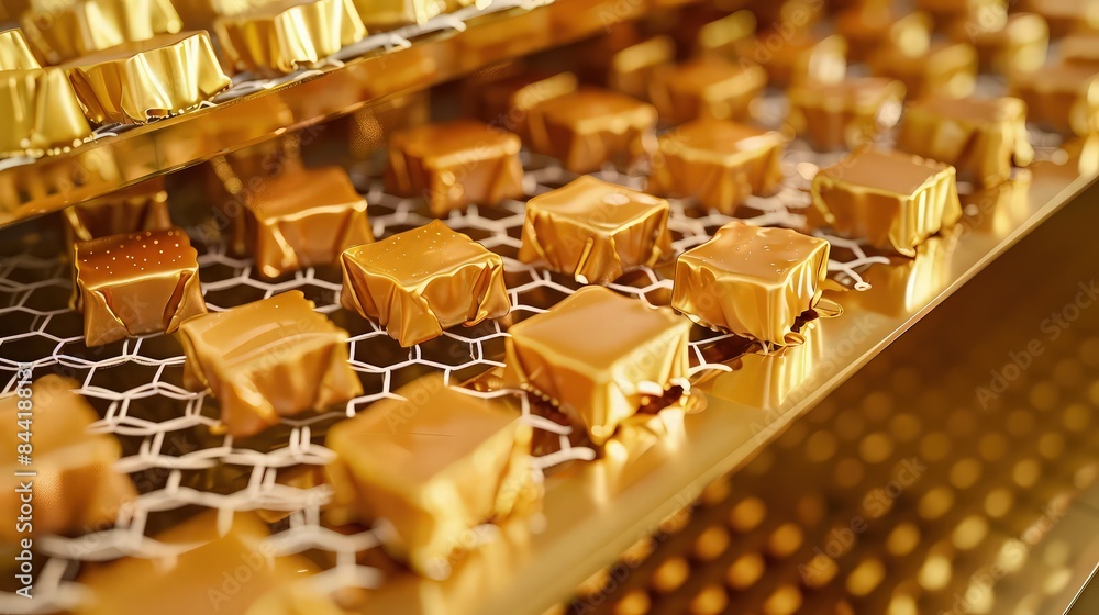 Fototapeta premium Individually wrapped square caramel candies move along a conveyor belt during automated confectionary production for sweets marketing.