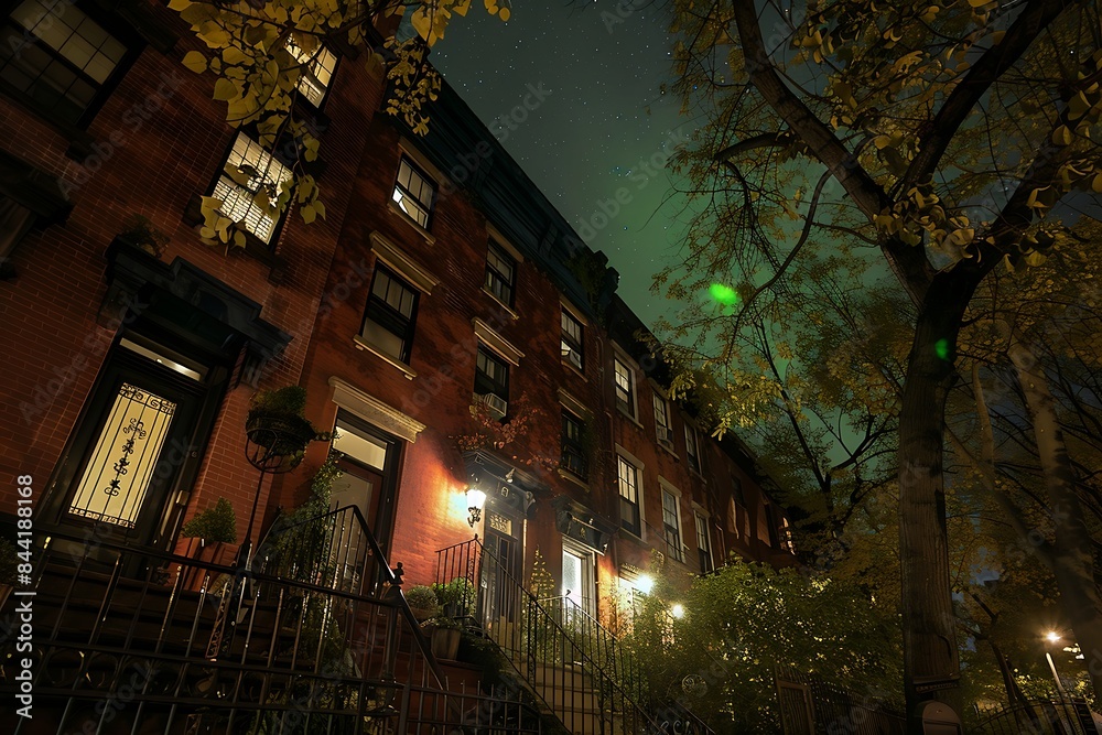 A building with lights on the side of it with a green aurora borealis in the skies above A building with lights on the side of it with a green aurora borealis in the skies above