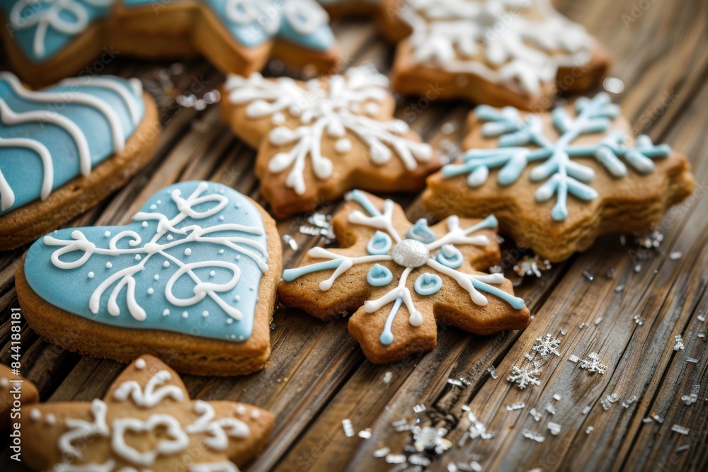Christmas tree shaped gingerbread cookies with icing on wooden background Christmas tree shaped gingerbread cookies with icing on wooden background