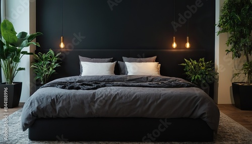 Nterior of bedroom in black colors with green decorative plants in flowerpots in modern house.