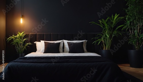 Nterior of bedroom in black colors with green decorative plants in flowerpots in modern house.