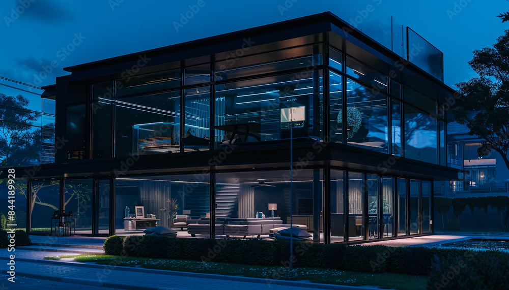 Obraz premium Midnight black ultra-modern house with glass walls and a sophisticated security system, in a safe suburban area.