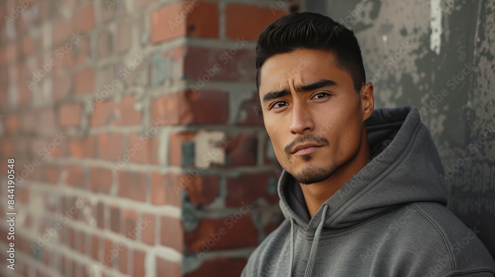 Portrait of a serious young Hispanic man leaning against a brick wall in an urban setting
Portrait of a serious young Hispanic man leaning against a brick wall in an urban setting